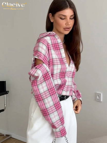 Clacive Fashion Loose Plaid Office Women's Shirt Vintage Lapel Long Sleeve Shirts Elegant Classic Blouse Top Female Clothing