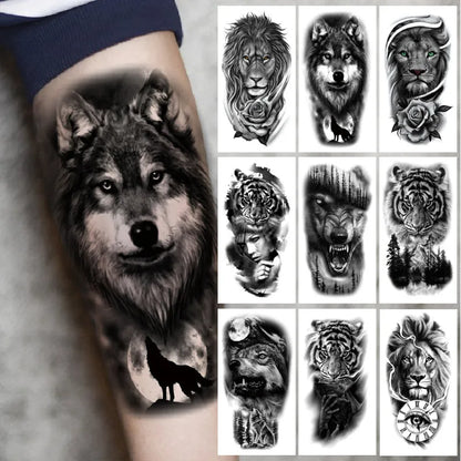 Upper Arm Sleeve Tattoo Crown Lion Tiger Wolf Head Waterproof Temporary Tattoo Stickers Body Art Fake Tattoo For Women Men