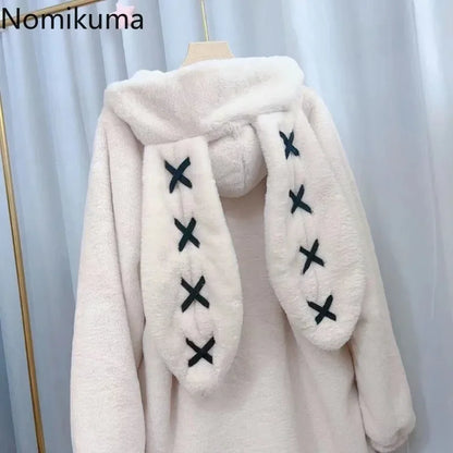2025 Winter Clothing Women Jackets Harajuku Rabbit Ears Punk Black Coats Thicked Furry Zipper Oversized Y2k Tops Ropa Mujer