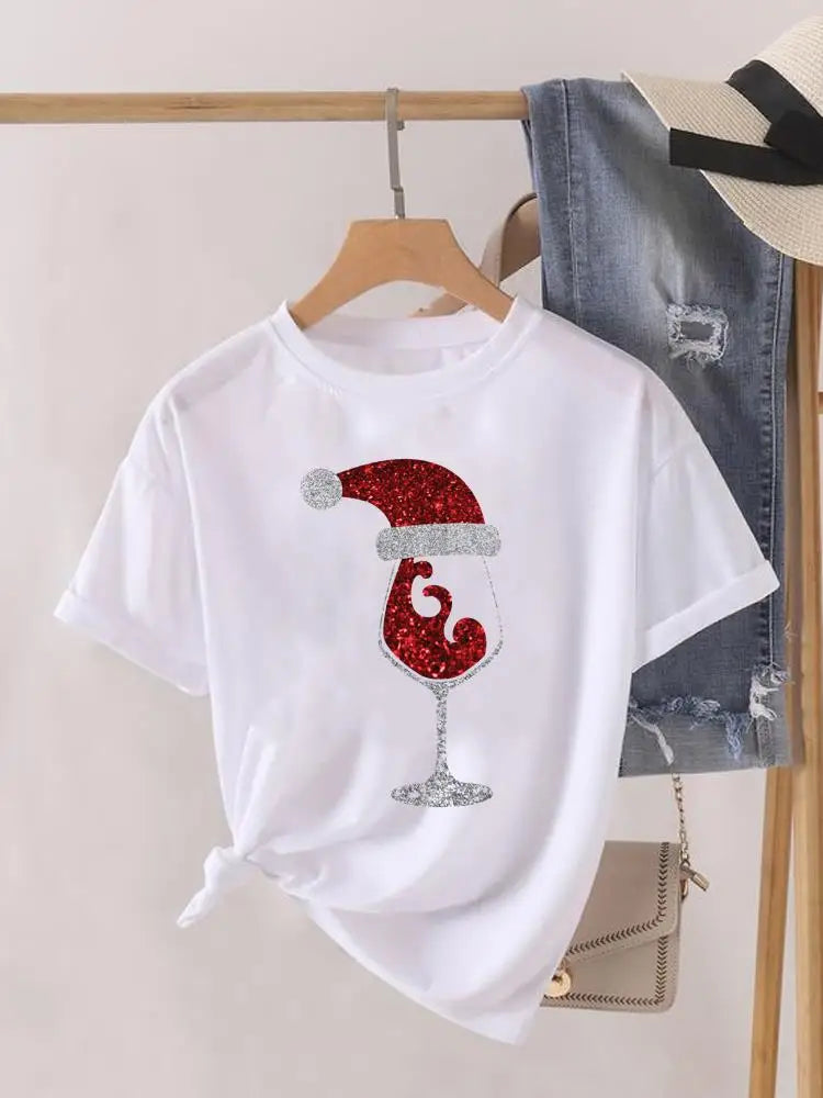 Lady New Year Short Sleeve Print Fashion Women Shirt Tee Top Paw Dog Cat Trend Cute Christmas Clothing Clothes Graphic T-shirt