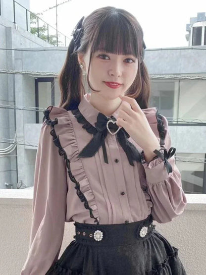 Japanese Kawaii Lace Ruffle Shirt Women Y2k Pink Bow Blouse Harajuku Cute Ladies Tops 2025 New Fashion Lolita Blusas Femme