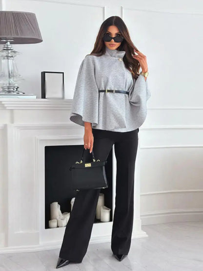 Lady Cloak Cape Woollen Tweed Poncho Thick Autumn Winter Women Single Buckle Batwing Sleeve Coat Elegant Warm Loose Outwear 2024