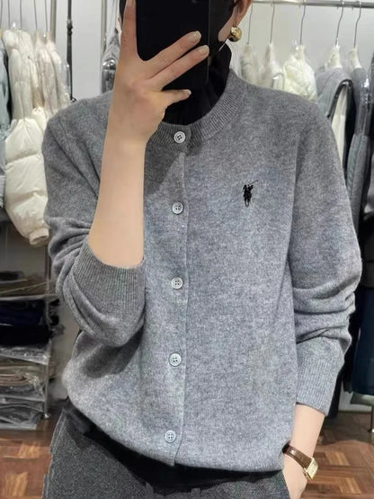 2023 Autumn/Winter Women's New Cashmere Embroidered Cardigan Women's O-neck Trendy Embroidery Soft Solid Color Soft Comfortable