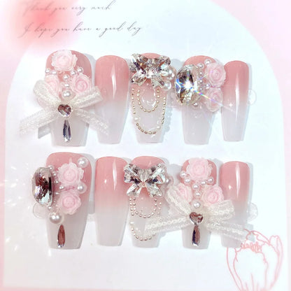 Blush Pink False Nails Bowknot Diamond Pearl 3D Design Press on Nail Tips with Harmless Smooth Edge Nails Woman DIY Fake Nails