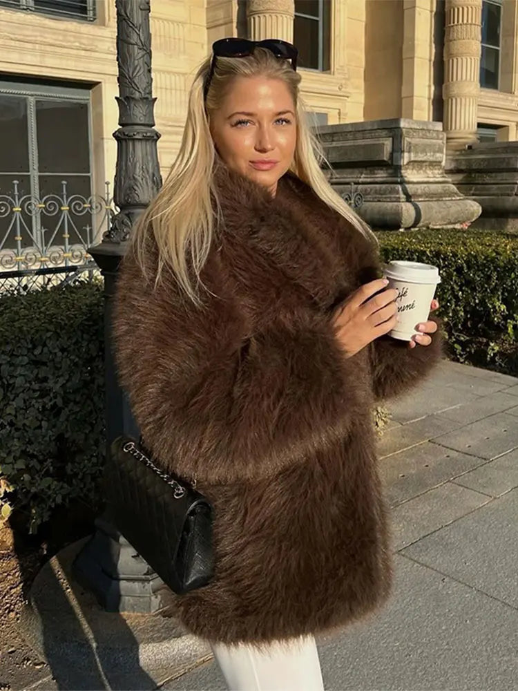Luxury Brown Oversized Stand Collar Faux Fur Coats Women Fashion Long Sleeve Loose Thicken Jackets 2024 Winter Lady Streetwear