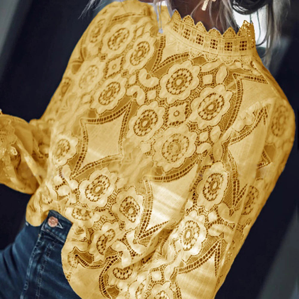 Lace Women Blouses Casual Solid Half High Collar Hollow Out White Shirt Embroidery Loose Womens Tops And Blouses Spring Tunic