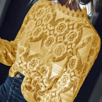 Lace Women Blouses Casual Solid Half High Collar Hollow Out White Shirt Embroidery Loose Womens Tops And Blouses Spring Tunic