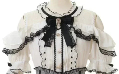 Sweet Cute Girls Short Sleeve Tops Japanese Style Mine Mass-Produced 2025 Summer Kawaii Slimming Lace Off-Shoulder Shirt