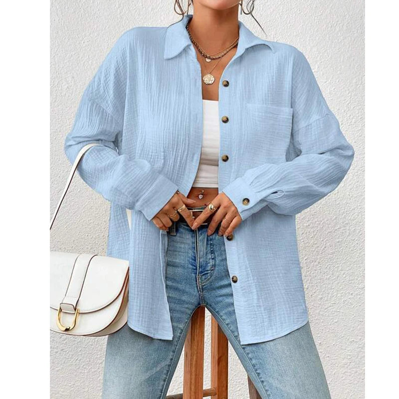 100% Cotton Gauze Muslin Women Shirts Casual Turn Down Collar Long Sleeve Top Office Lady Elegant Blouses for Women Blusas