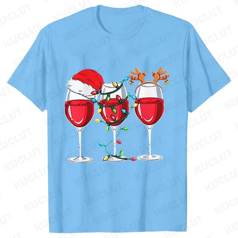 Christmas Wine T Shirts for Women Clothing Funny Cartoon T-shirts Kawaii Fashion Tshirt Korean Female Tops Christmas Wine Tees
