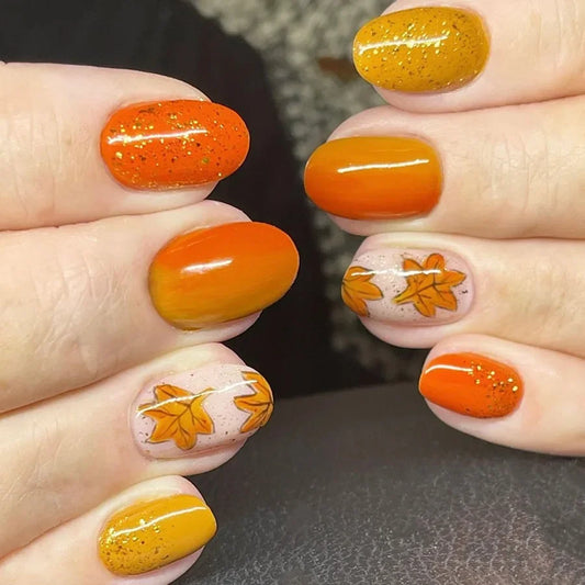 24pcs Autumn&Winter Press-On Nails Set-Glossy Short Oval Golden Brown&Fire Red Maple Leaf Design Full Cover Fake Nails For Women