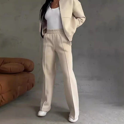 Women's Autumn Solid Color Sportwear Tracksuit Casual Zipper Sweatshirt Coat and Straight Pant Sets Winter Long Sleeve 2pcs Suit