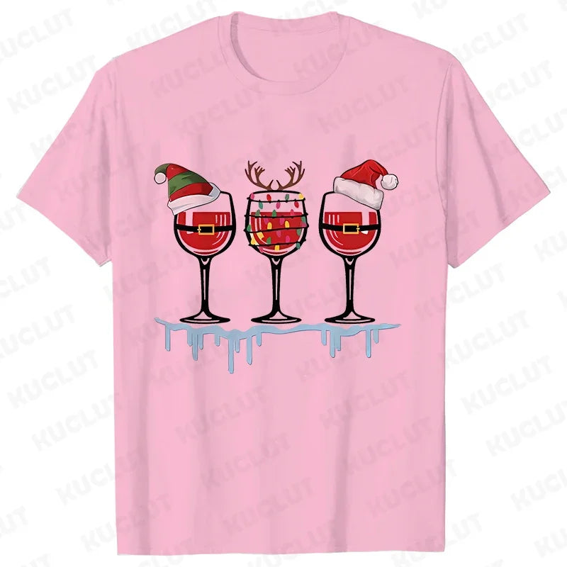 Christmas Wine T Shirts for Women Clothing Funny Cartoon T-shirts Kawaii Fashion Tshirt Korean Female Tops Christmas Wine Tees