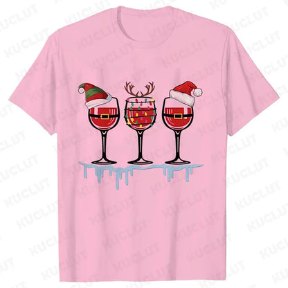 Christmas Wine T Shirts for Women Clothing Funny Cartoon T-shirts Kawaii Fashion Tshirt Korean Female Tops Christmas Wine Tees