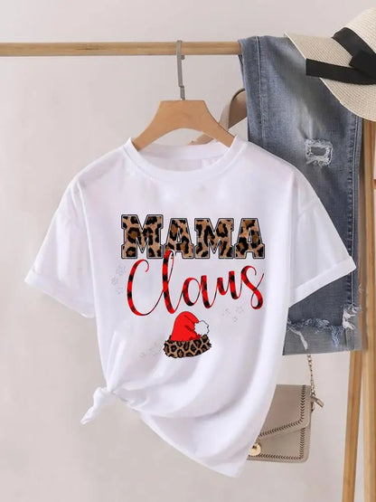 Lady New Year Short Sleeve Print Fashion Women Shirt Tee Top Paw Dog Cat Trend Cute Christmas Clothing Clothes Graphic T-shirt
