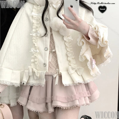 Jirai Kei Pompon Hooded Cape Cosplay Costume Cute Kawaii Falbala Cloak Winter Dress Girl Women Christmas Holloween Customized