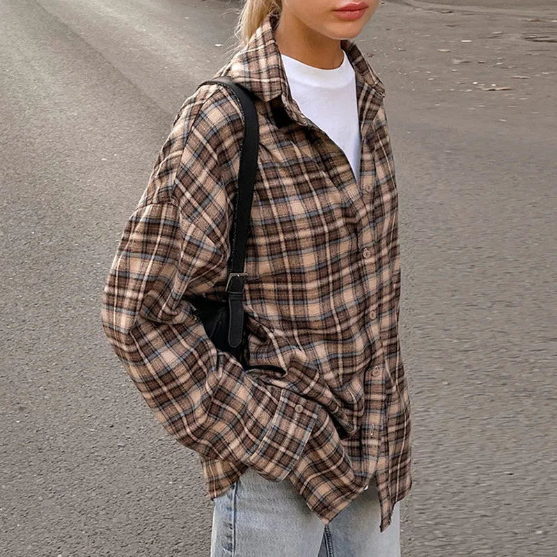 Plaid Checkered Single Breasted Shirts Women Casual Loose Long Sleeve Blouse Female 2025 Spring Autumn Vintage High Street Tops