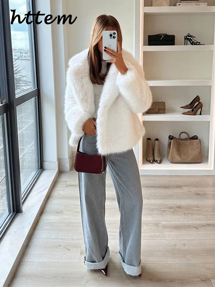 Street Women's White Faux Fur Coat Loose Lapel Long Sleeve Female Furry Jacket 2024 Autumn Winter Lady Luxury Plush Overcoat New