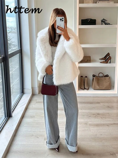 Street Women's White Faux Fur Coat Loose Lapel Long Sleeve Female Furry Jacket 2024 Autumn Winter Lady Luxury Plush Overcoat New