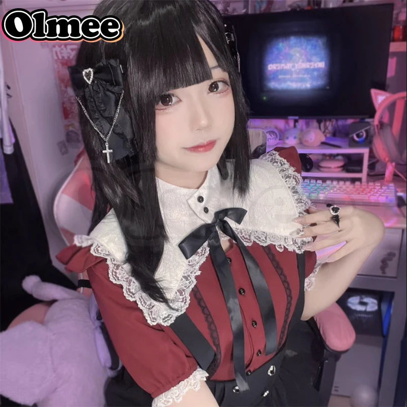 [Olmee] In Stock Red Wine Jirai Kei Lace T Shirt Ame chan Cosplay Sweet Ryousan Gata Lolita Mine Style y2k Needy Girl Overdose