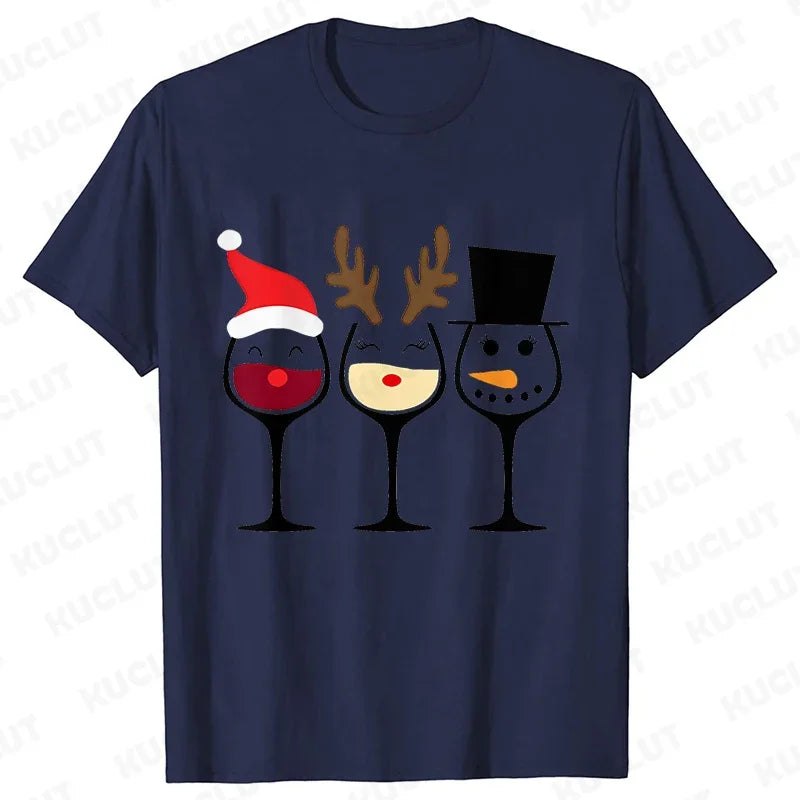 Christmas Wine T Shirts for Women Clothing Funny Cartoon T-shirts Kawaii Fashion Tshirt Korean Female Tops Christmas Wine Tees
