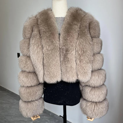 Fur Coat Real Fox Fur Women`S Coat Fashion V-neck Full Sleeve Short Autumn-Winter Luxury Women`S Leather Jacket