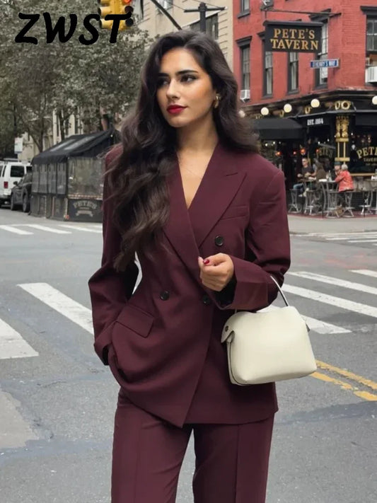 Wine Red Women's Blazer Coat Fashion Long Sleeve Lapel Double Breasted Female Coats 2024 Autumn Winter Slim Lady Outwear