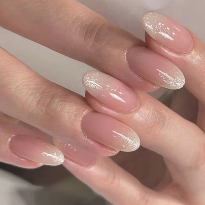 24pcs French Simple Fake Nails Ins White Edge Nude Color False Nail Tips Almond Stick on Nail Patch for Girl Lady Manicure Tools