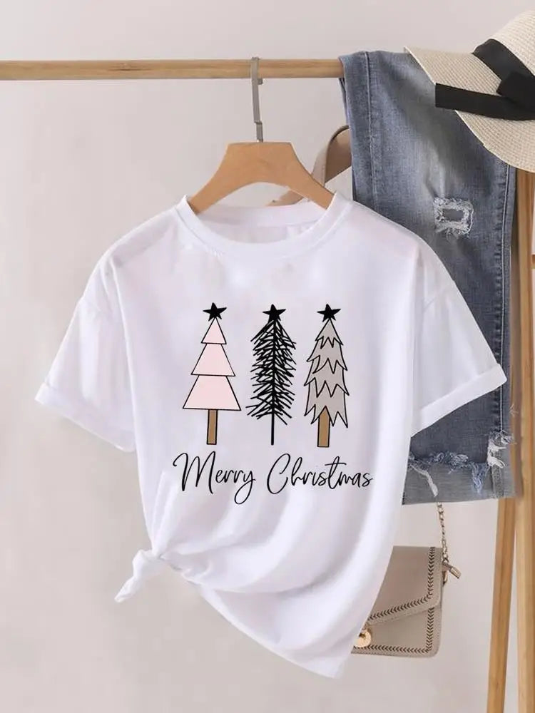 Lady New Year Short Sleeve Print Fashion Women Shirt Tee Top Paw Dog Cat Trend Cute Christmas Clothing Clothes Graphic T-shirt
