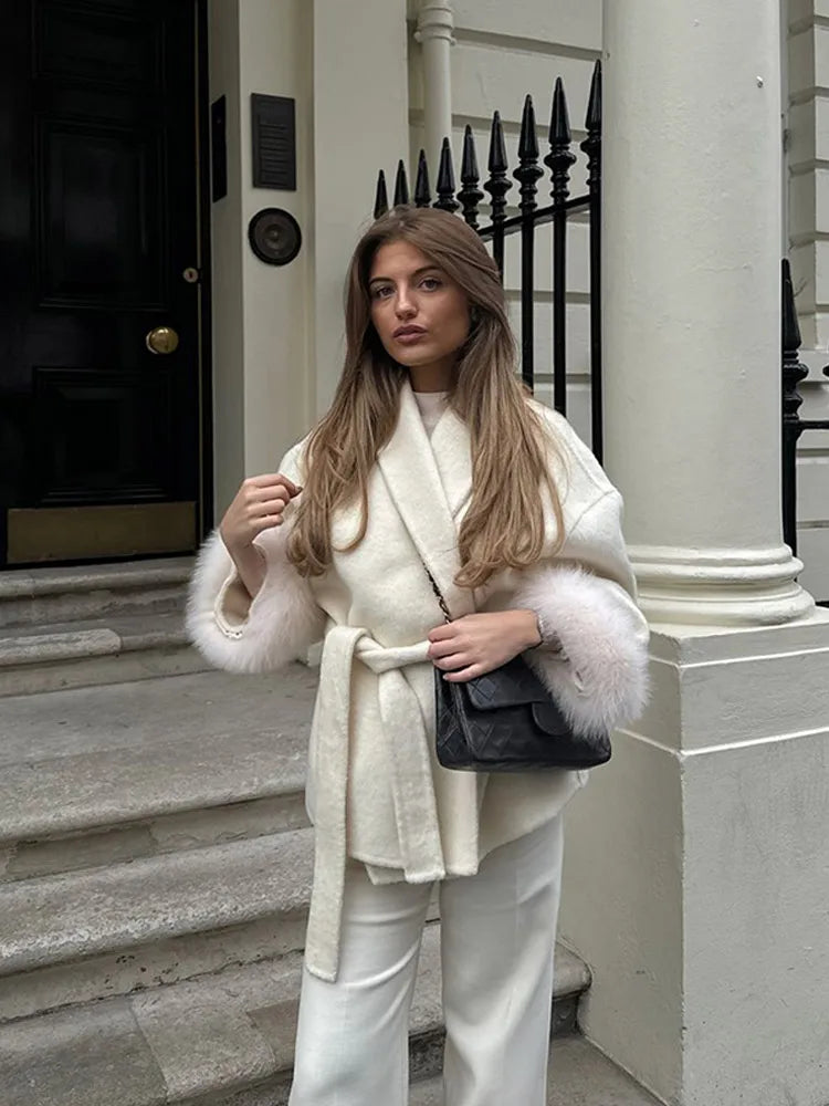 Elegant White Detachable Faux Fur Cuffs Woolen Coat Women Fashion Lapel Belt Long Sleeve Warm Jacket Autumn Lady Street Outwear