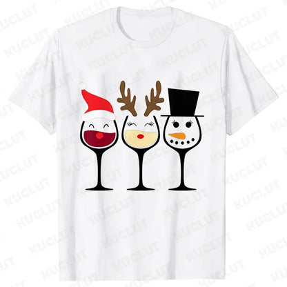 Christmas Wine T Shirts for Women Clothing Funny Cartoon T-shirts Kawaii Fashion Tshirt Korean Female Tops Christmas Wine Tees
