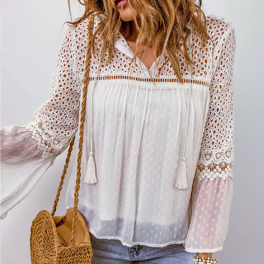 2024 Fall and Winter New Arrival Lace Crochet Chiffon Shirt for Women Fashion Fashion V Neck Drawstring Patchwork Cut Out Long Sleeves Shirt