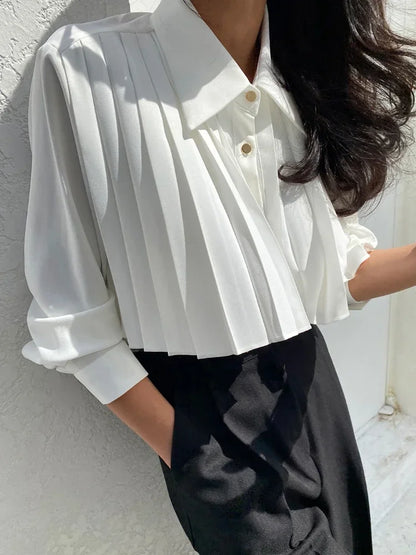 2025 Camisas De Mujer Korean Blouses for Women Temperament Single Breasted White Shirts Crop Tops Autumn Pleated Vintage Blouse