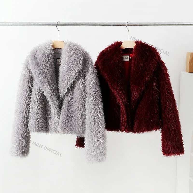 Neo Mint 2024 Winter Hot Trendy Iconic Blogger Fashion Burgundy Faux Fur Coat Women Overcoat Girls Shawl Collar Lamb Fur Jacket