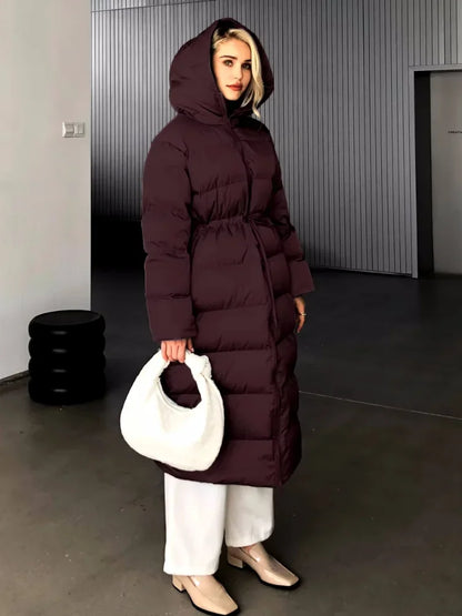 2024 Women Winter Solid Long Cotton Coats Fashion Hooded High Waist Drawstring Thick Warm Parkas Lady Casual Street Outcoat