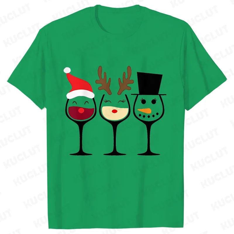 Christmas Wine T Shirts for Women Clothing Funny Cartoon T-shirts Kawaii Fashion Tshirt Korean Female Tops Christmas Wine Tees