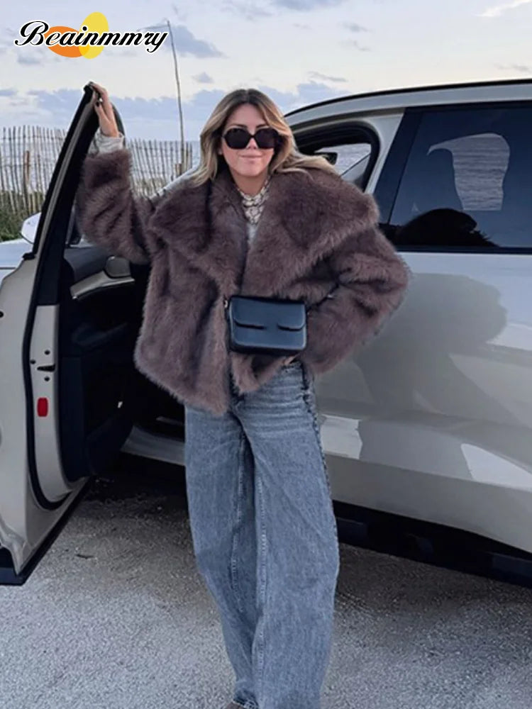 Brown Big Lapel Faux Fur Fury Women's Coats Fluffy Long Sleeved Thick Warm Fury Jackets 2024 Winter Lady Casual Street Outwear