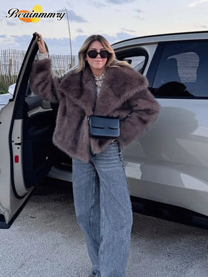 Brown Big Lapel Faux Fur Fury Women's Coats Fluffy Long Sleeved Thick Warm Fury Jackets 2024 Winter Lady Casual Street Outwear