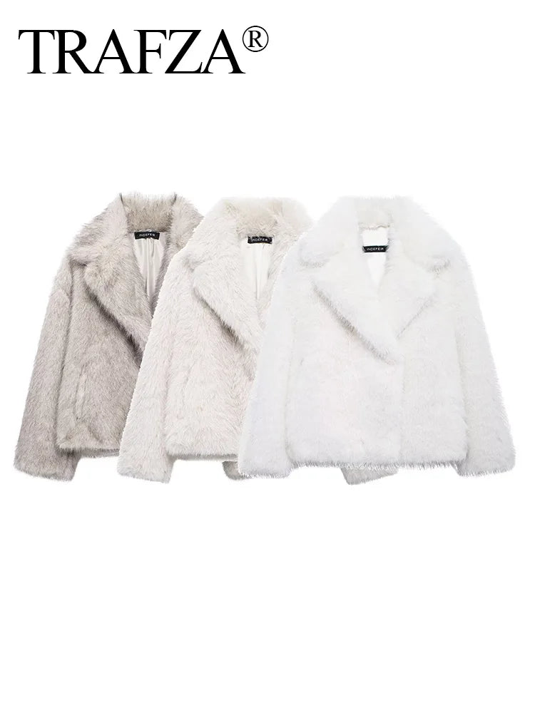 TRAFZA Female Elegant Solid 3-Color Faux Fur Effect Long Sleeve Cardigan Coat Winter Women's High Street Pockets Coat Mujer