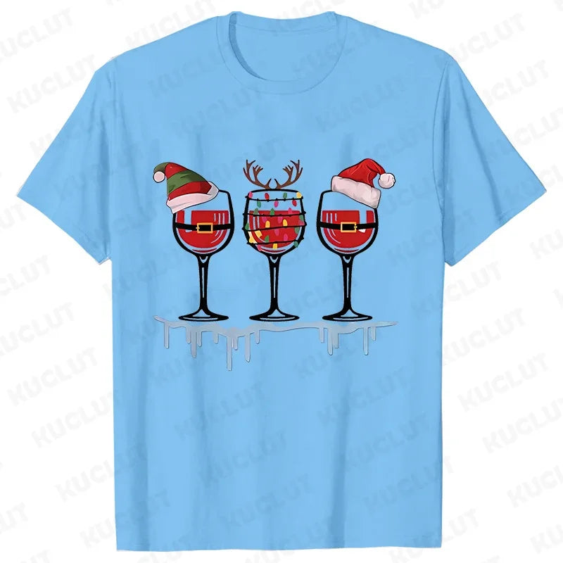 Christmas Wine T Shirts for Women Clothing Funny Cartoon T-shirts Kawaii Fashion Tshirt Korean Female Tops Christmas Wine Tees