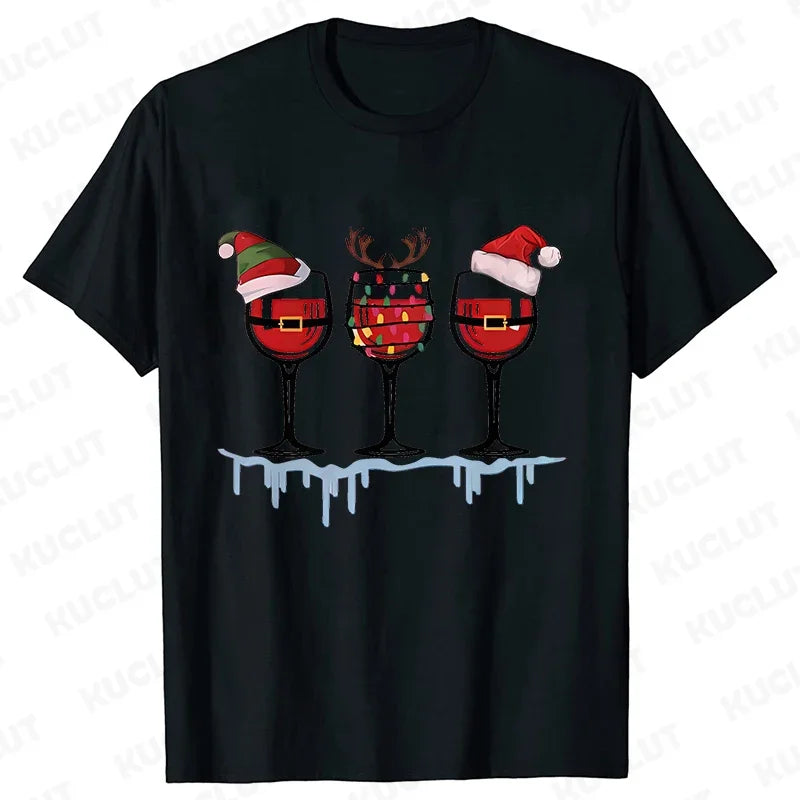 Christmas Wine T Shirts for Women Clothing Funny Cartoon T-shirts Kawaii Fashion Tshirt Korean Female Tops Christmas Wine Tees