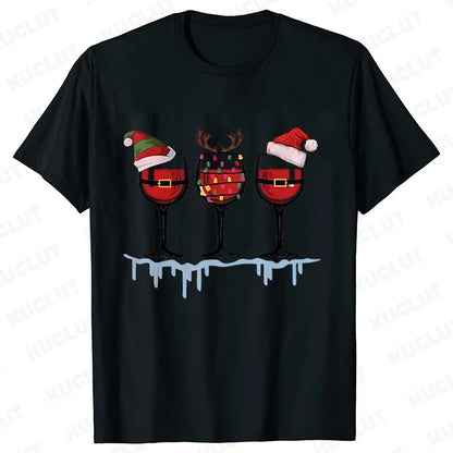 Christmas Wine T Shirts for Women Clothing Funny Cartoon T-shirts Kawaii Fashion Tshirt Korean Female Tops Christmas Wine Tees