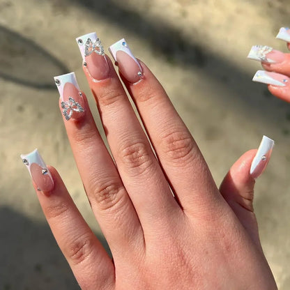 24PCS Shiny Pearl Wearable False Nails Short Square Fake Nail Simple Press on Nails Detachable Full Cover Nail Tips With Glue