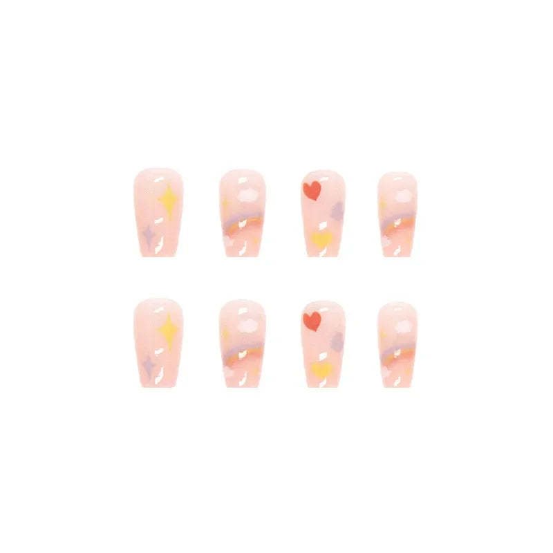 24P Cute Childlike Rainbow Nail Art Full Cover Artificial Fake Nails Wearing Reusable False Nails Ballerina Press on Nail Art