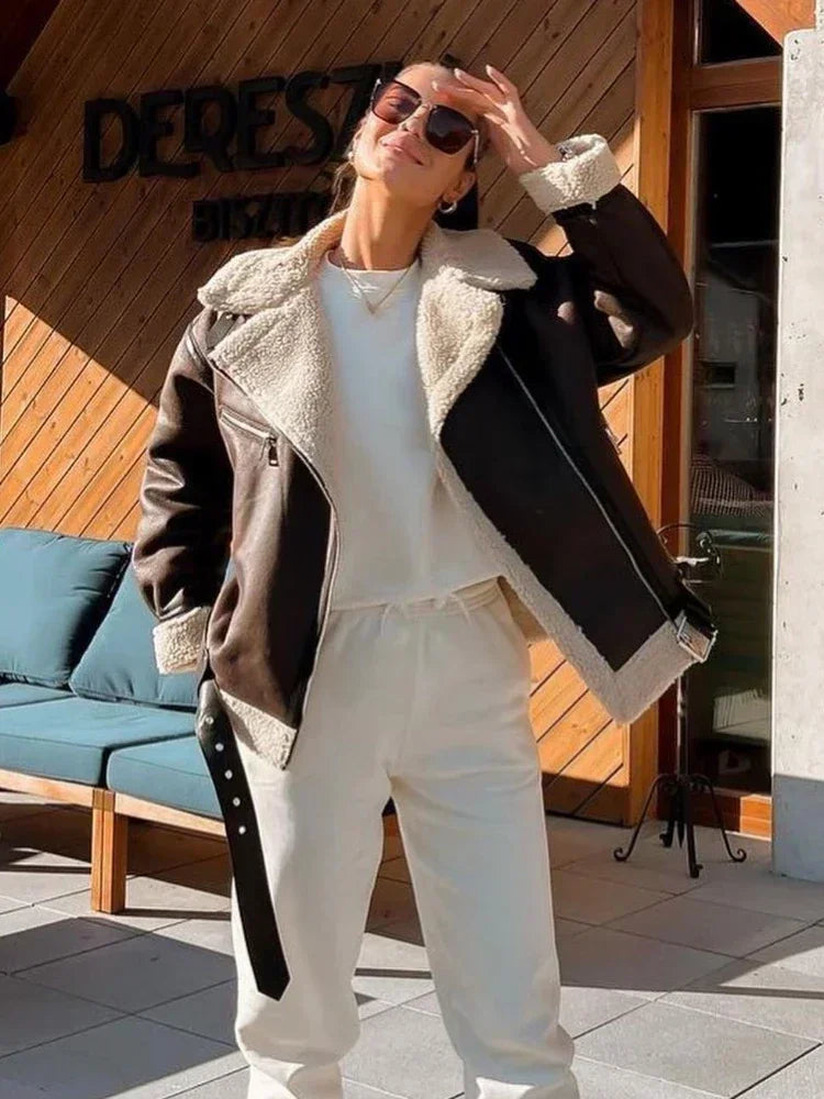 Suninheart Fashion Winter Warm Faux Fur Jacket Women Long Sleeve Moto Biker Zipper Jackets Coat Female Autumn Casual Lapel coat