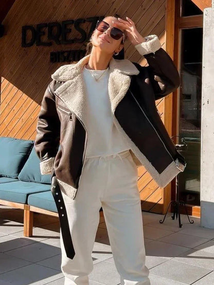 Suninheart Fashion Winter Warm Faux Fur Jacket Women Long Sleeve Moto Biker Zipper Jackets Coat Female Autumn Casual Lapel coat