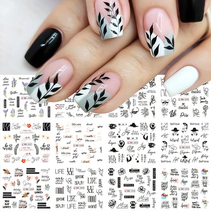 12pcs Black Leaves Letter Nail Stickers Water Transfer Decals Purple Flower Lace Sliders Decorations Manicure Charm Foils LABN