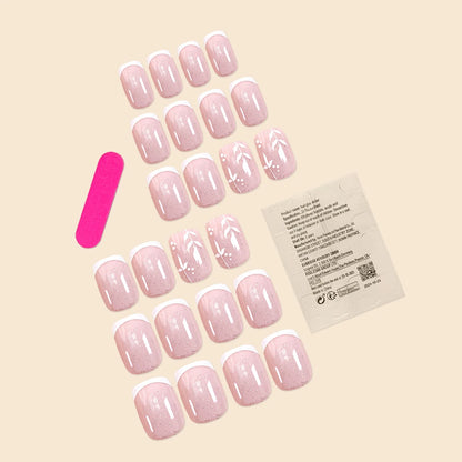 24Pcs/Set Short Size French Simplicity Glitter Pink Leaf Girls Women Full Coverage Wearable Fake Nails
