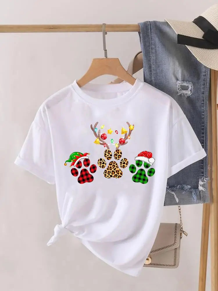 Lady New Year Short Sleeve Print Fashion Women Shirt Tee Top Paw Dog Cat Trend Cute Christmas Clothing Clothes Graphic T-shirt