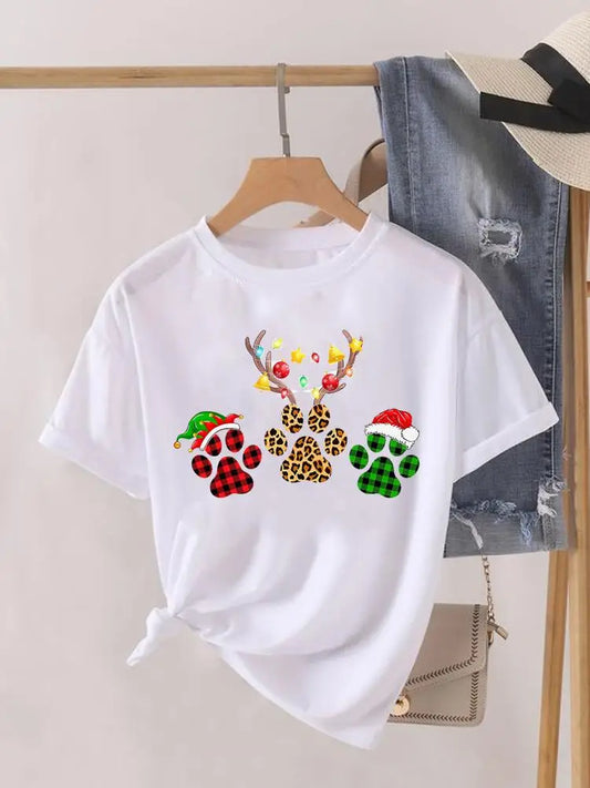 Lady New Year Short Sleeve Print Fashion Women Shirt Tee Top Paw Dog Cat Trend Cute Christmas Clothing Clothes Graphic T-shirt
